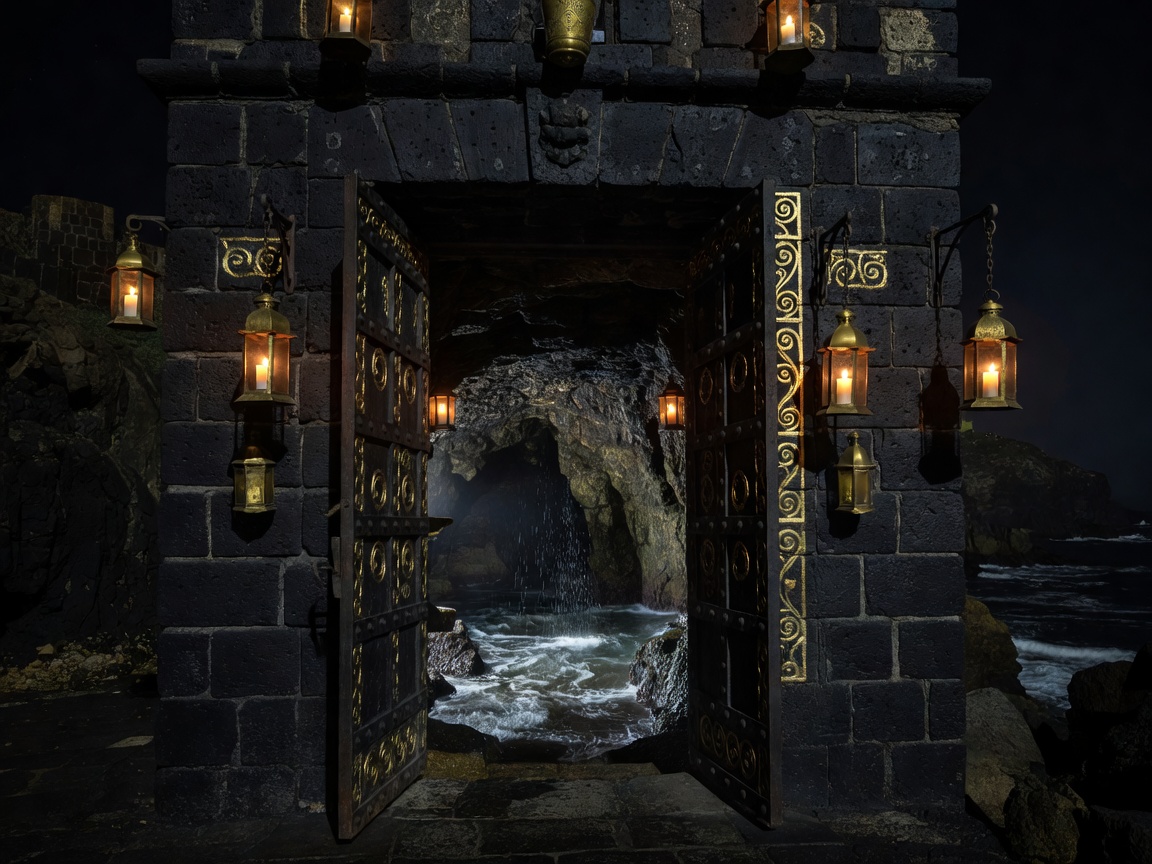 Dark Caribbean fortress gate at night with lanterns, ocean cave entrance, and gold accents