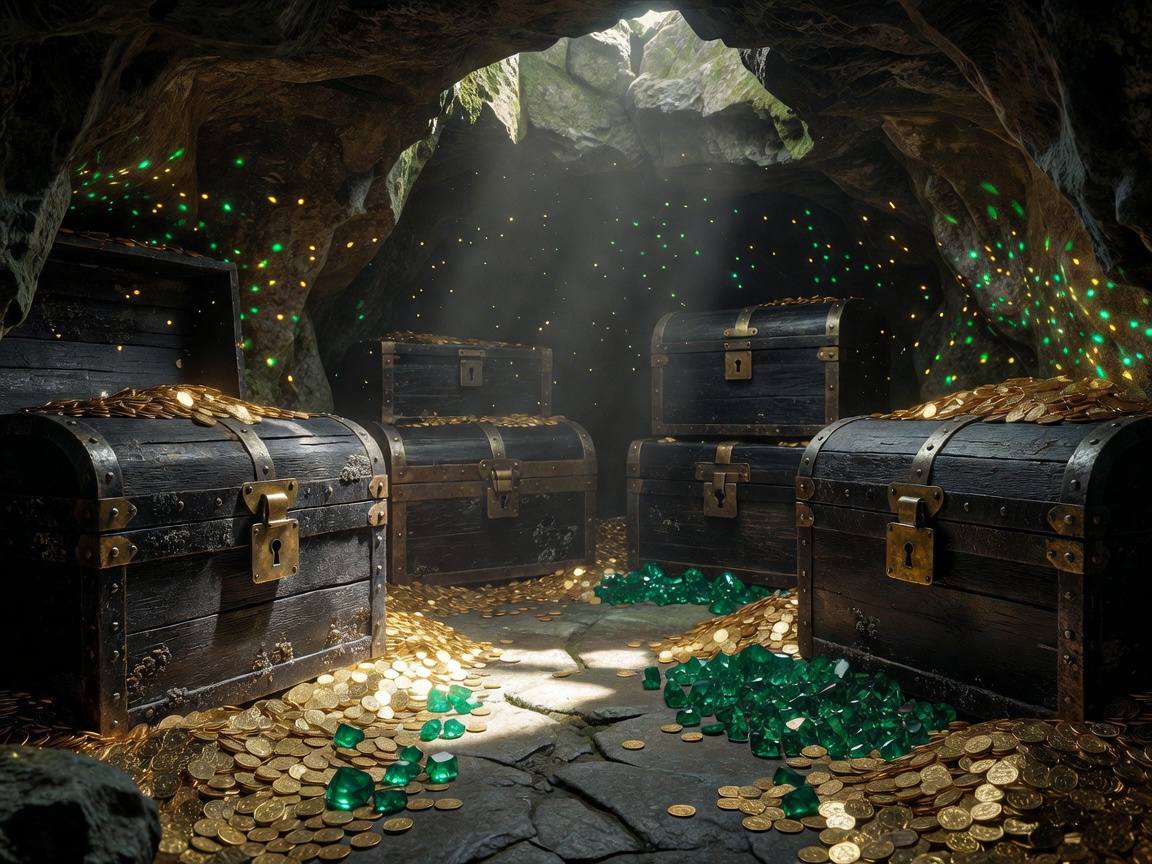 Hidden pirate treasure vault with black wood, brass locks, emerald jewels, and gold coins