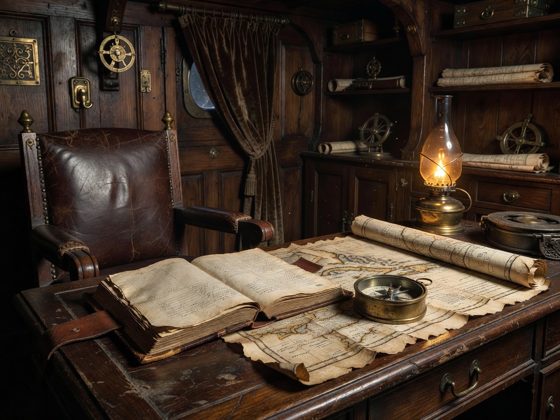 Pirate captain cabin with antique maps, brass compass, leather ledger, and dark luxury atmosphere